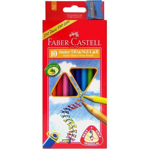 Faber Castell Eco Pencil Junior Grip Triangular Coloured Pencils 3.8mm + Bonus Sharpener | Pack 10