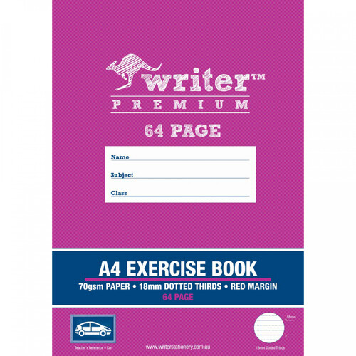 Writer Premium A4 64pg Exercise Book 18mm dotted thirds + margin (Car)