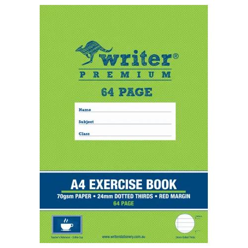 Writer Premium A4 64pg Exercise Book 24mm dotted thirds + margin (Coffee Cup)